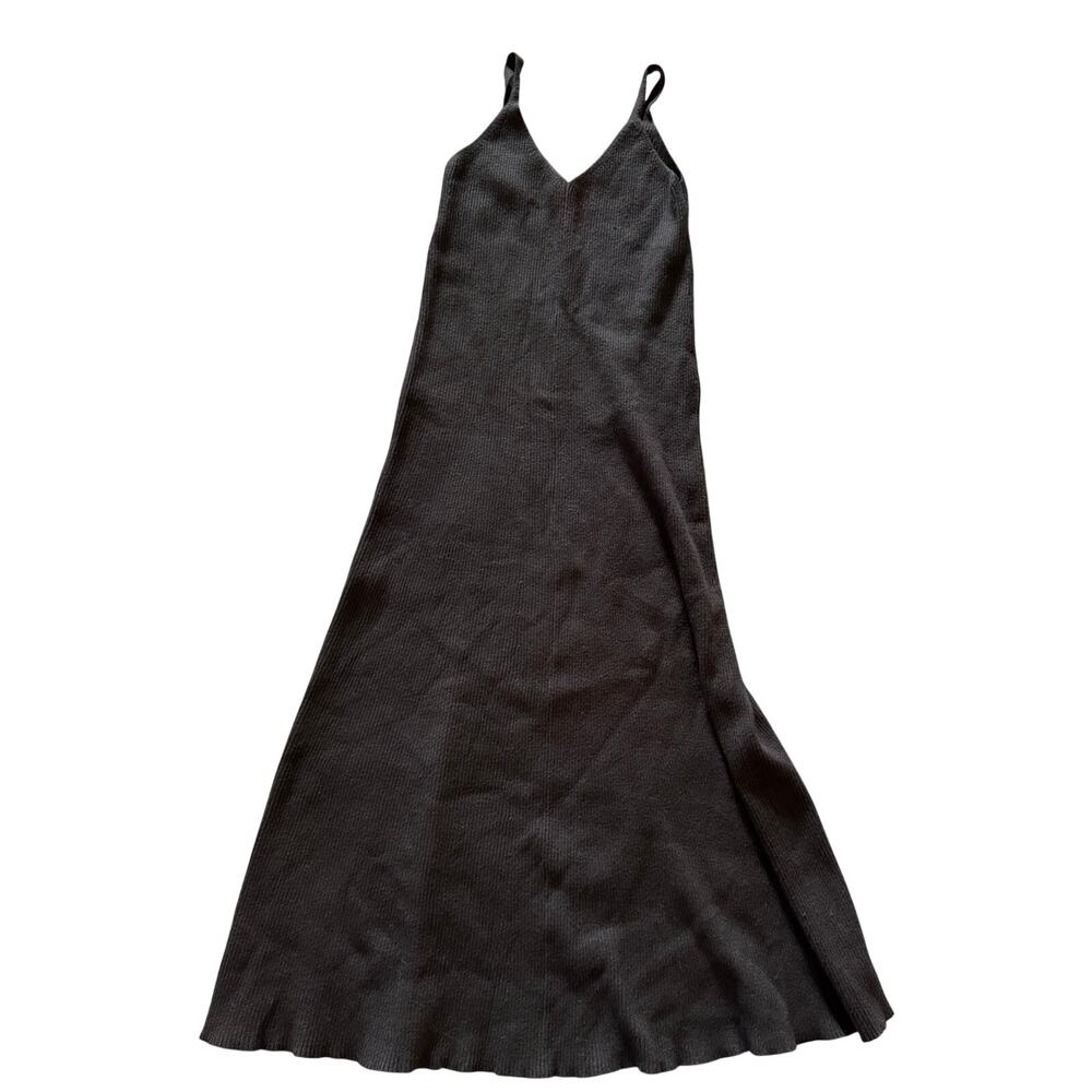Mango Basics Ribbed XS V Neck Fit & Flare Tank Midi Dress Charcoal Dark Gray